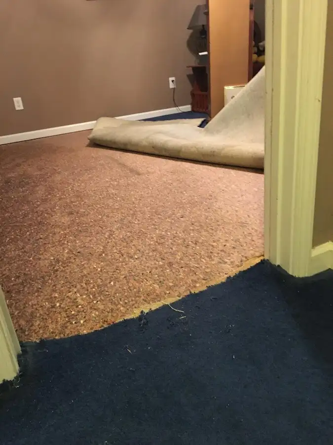 Carpet pad removal revealing water damage during Water Mitigation Services in Laurel Bay